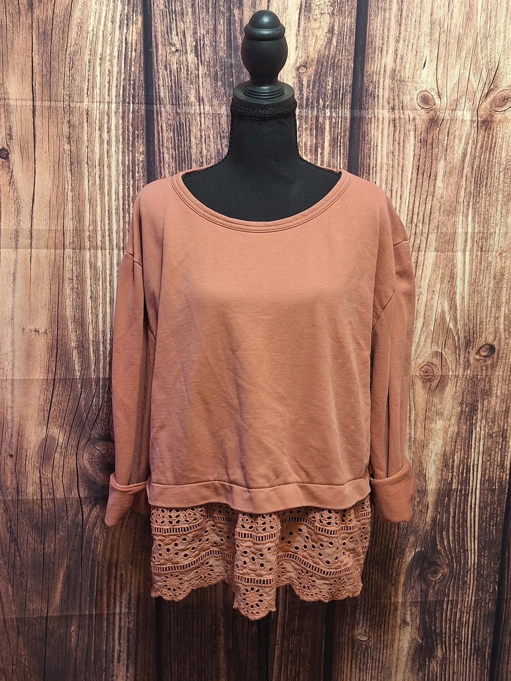 J. Crew Dusty Rose Lace-Hem Long Sleeve Top Size XL.